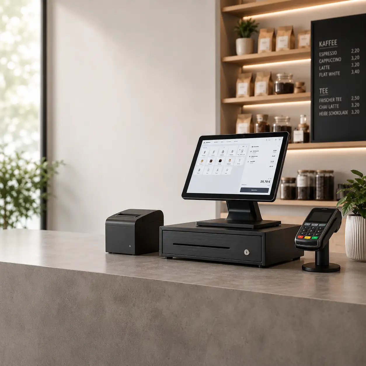 Touchscreen-Kasse mit Drucker und Kartenterminal