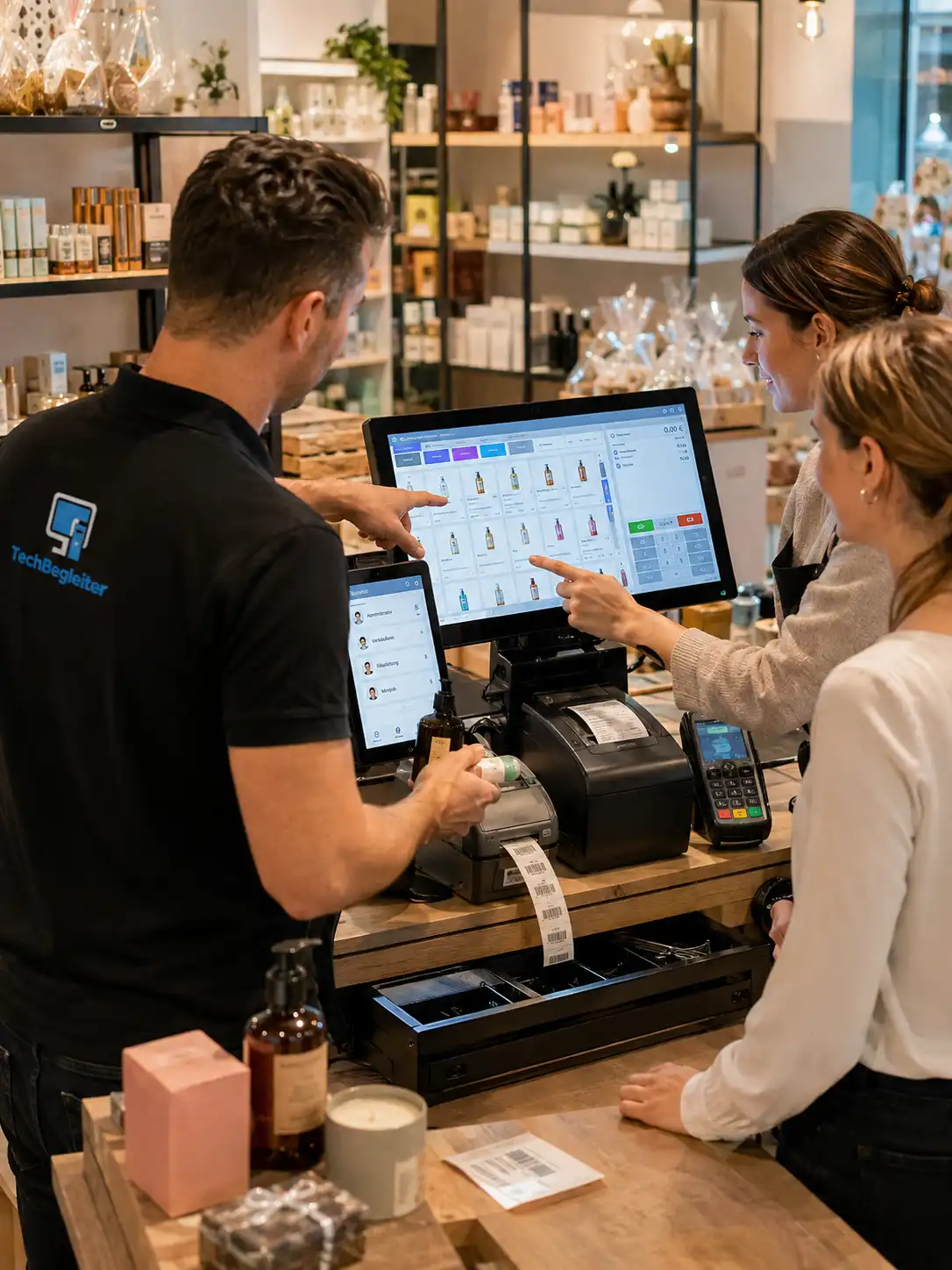 Techbegleiter erklärt einem Einzelhandel-Team das eingerichtete Kassensystem