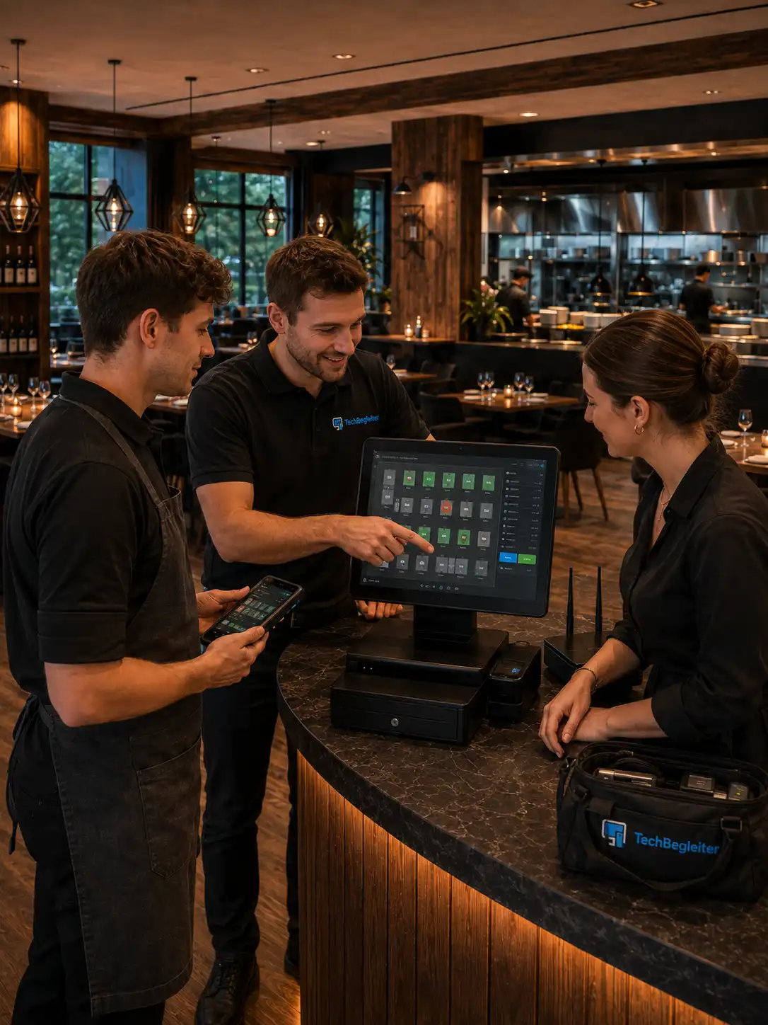 Techbegleiter weist ein Gastronomie-Team in das eingerichtete Kassensystem ein