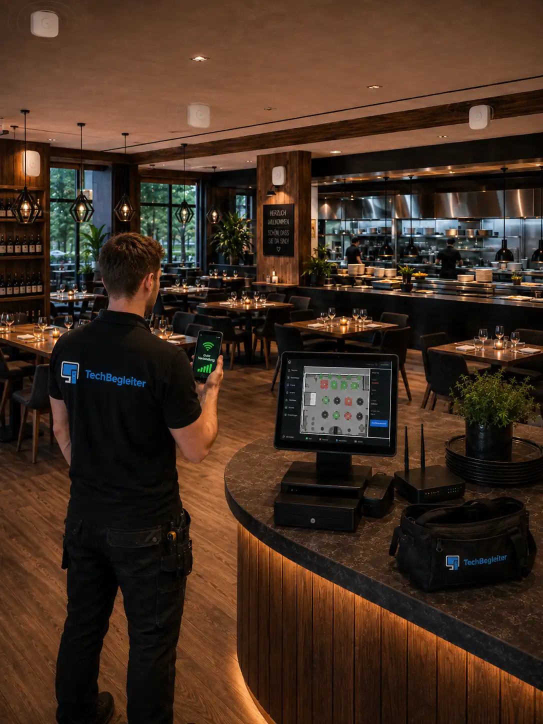 Techbegleiter richtet Kassensystem, Netzwerk und WLAN in einem Restaurant ein