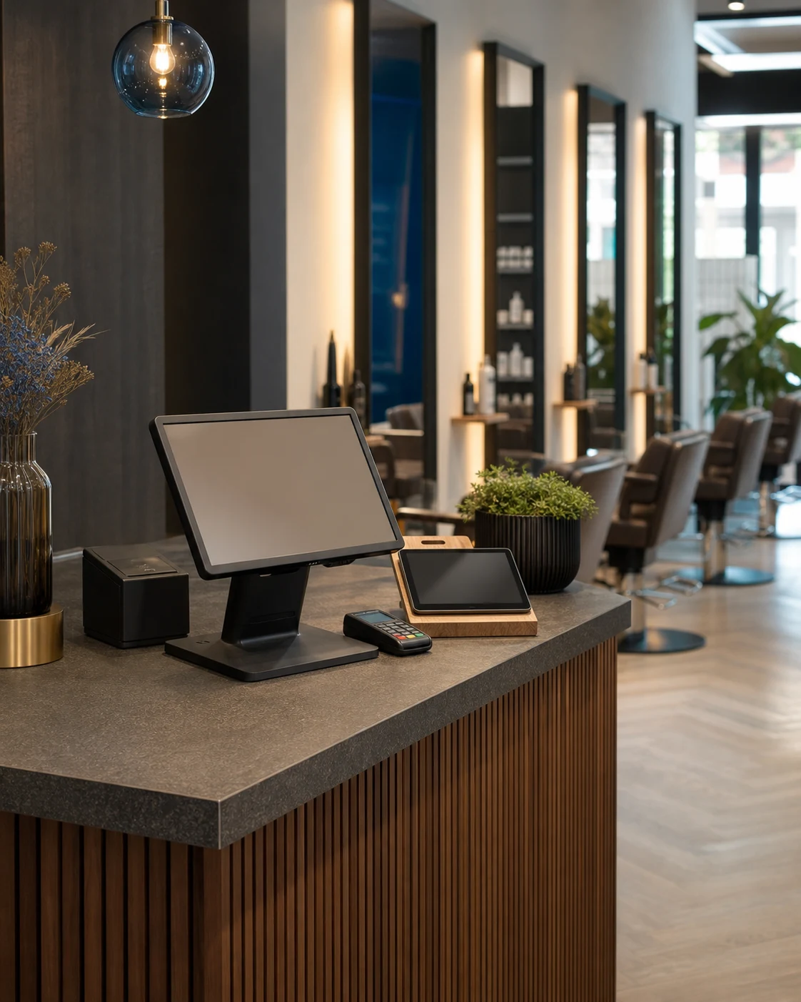 Eingerichtetes Kassensystem am Empfang eines modernen Friseursalons